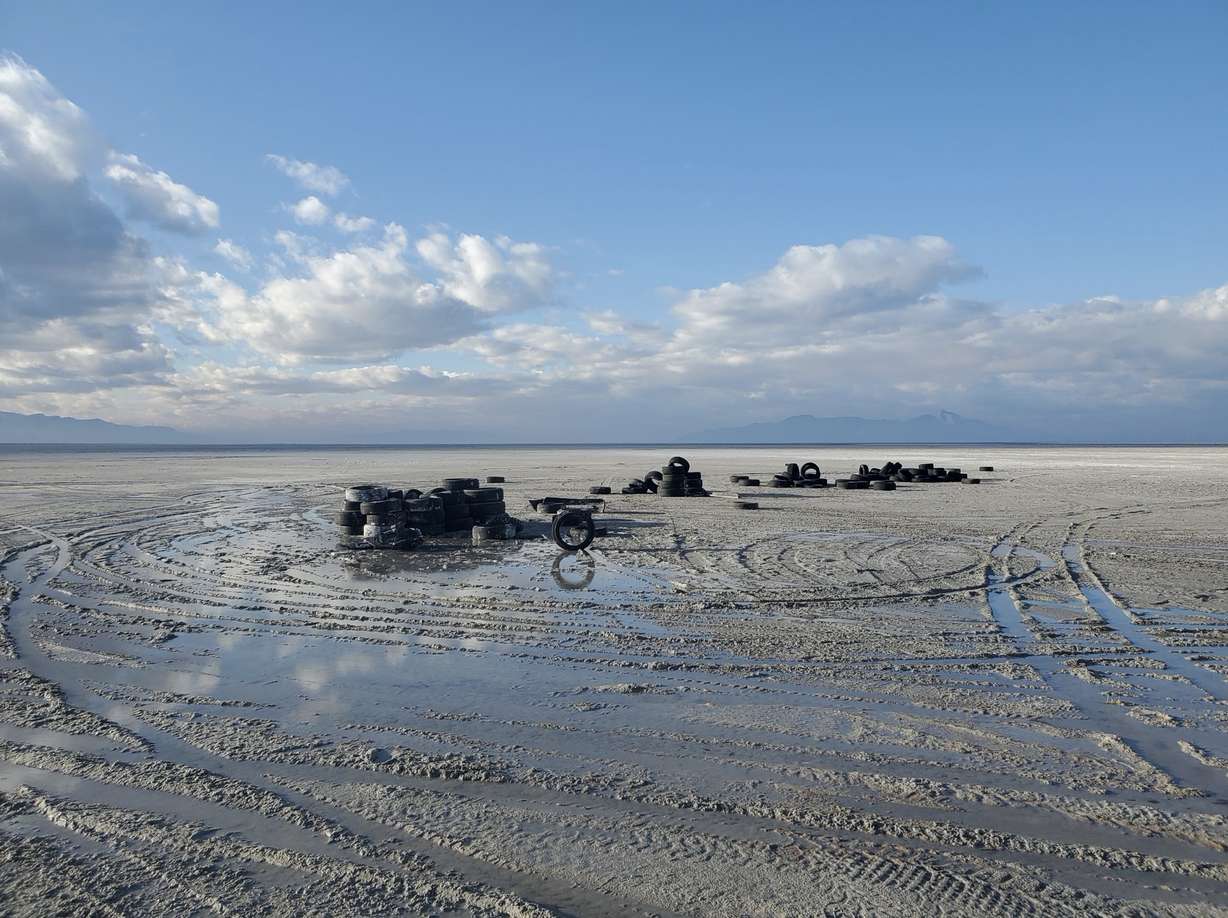 An undated photo of abandoned tires and tire tracks left by a dried section of the Great Salt Lake. A new bill that goes into effect May 4 clarifies that all motor vehicles are banned from dried lakebeds and navigable rivers in the state. (Photo: Photo courtesy Utah Division of Forestry, Fire and State Lands.)